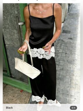 Sleeveless Black Camisole Top and Pants Set with White Lace Trim